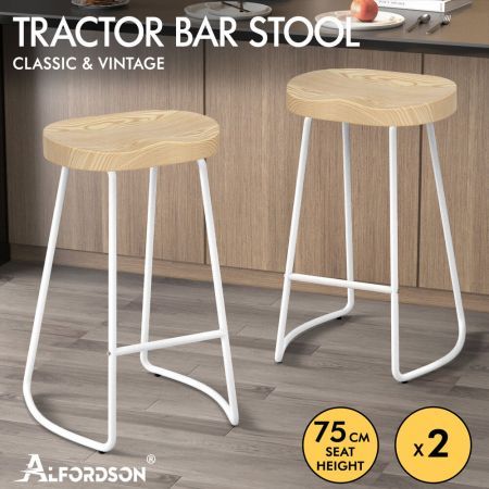 ALFORDSON 2x Bar Stools 75cm Tractor Kitchen Wooden Vintage Chair White