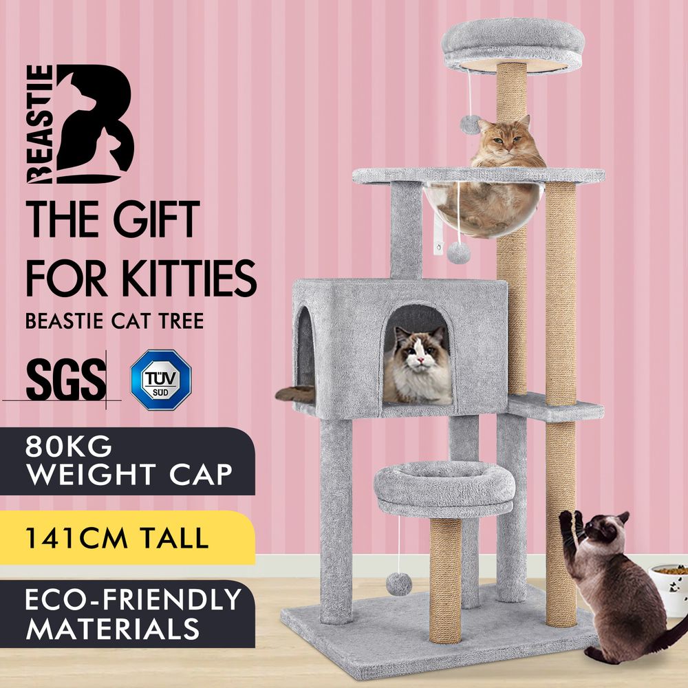 BEASTIE Cat Tree Tower Scratching Post Wood Scratcher Condo House Bed 141cm