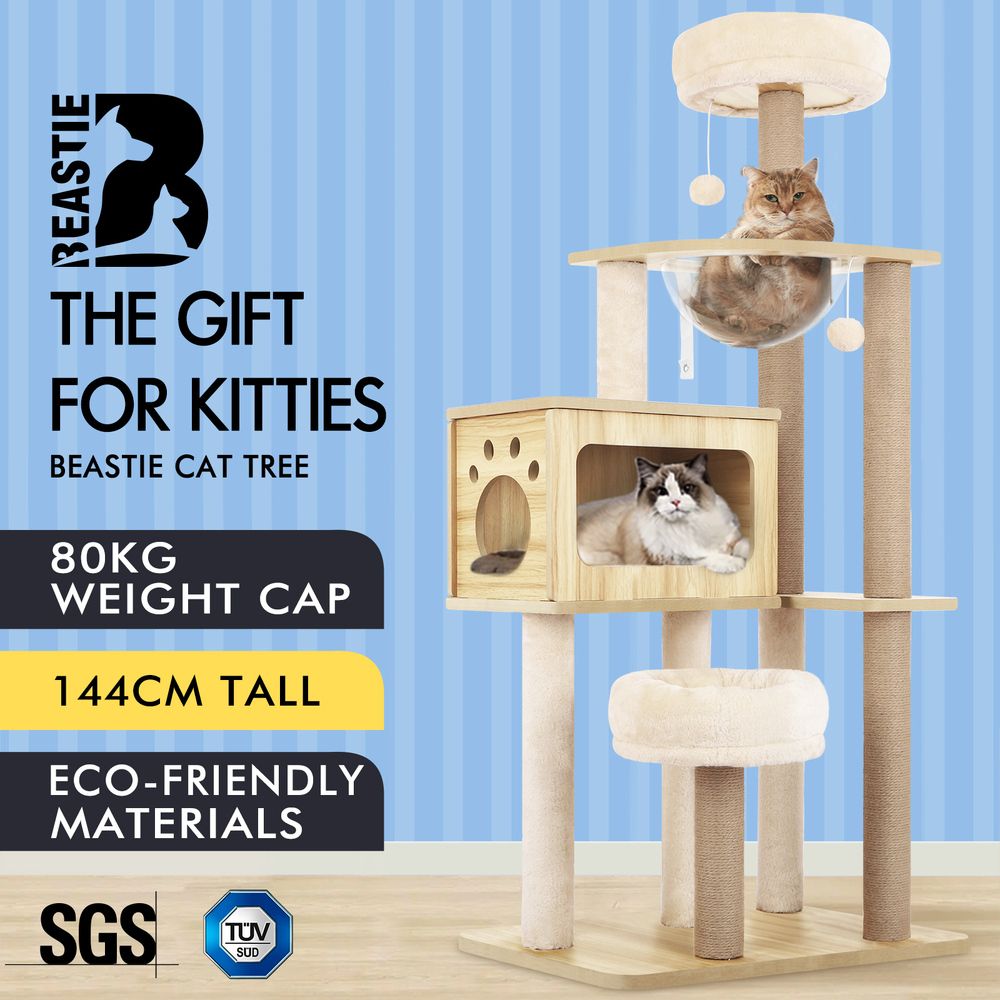 BEASTIE Cat Tree Tower Scratching Post Scratcher Wood Condo House Bed 144cm