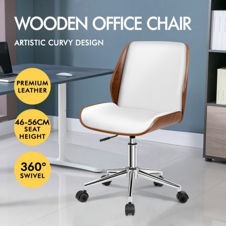 ALFORDSON Wooden Office Chair Computer Chairs Wood Seat PU Leather White