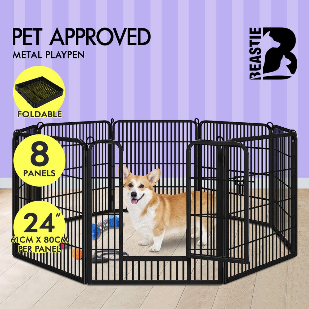 BEASTIE Dog Playpen Pet Enclosure 8 Panel Metal Puppy Fence Exercise 24"