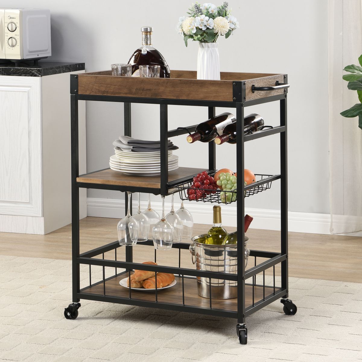 IHOMDEC Industrial 3-Tier Bar Cart Trolley with Glass & Wine Holder Rustic Brown