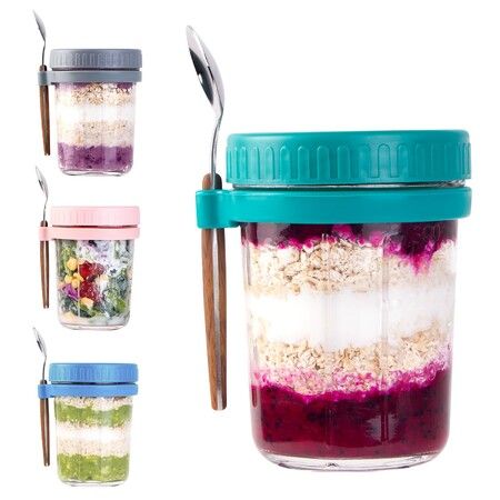 Overnight Oats Containers with Lids and Spoon,Mason Jars for Overnight Oats,350ml Glass Oatmeal Container to Go for Chia Pudding Yogurt Salad Cereal Meal Prep Jars (4 Pack)