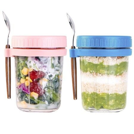 Overnight Oats Containers with Lids and Spoon,Mason Jars for Overnight Oats,350ml Glass Oatmeal Container to Go for Chia Pudding Yogurt Salad Cereal Meal Prep Jars (2 Pack)