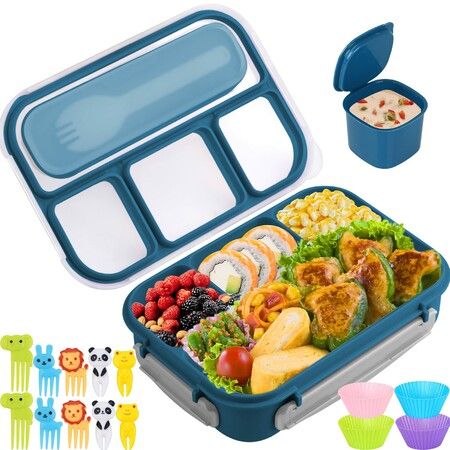 Bento Box for Kids, Lunch Box 4 Compartments (with Mini-Containers, Fruit Picks, Silicone Muffin Cup), Adult Leakproof Bento Lunch Box for School (Blue)