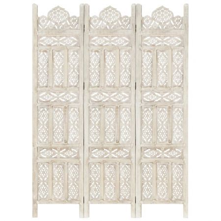 Hand carved 3-Panel Room Divider White 120x165 cm Solid Mango Wood