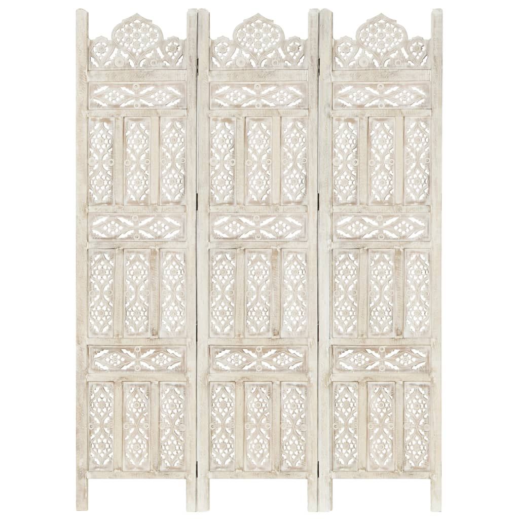 Hand carved 3-Panel Room Divider White 120x165 cm Solid Mango Wood