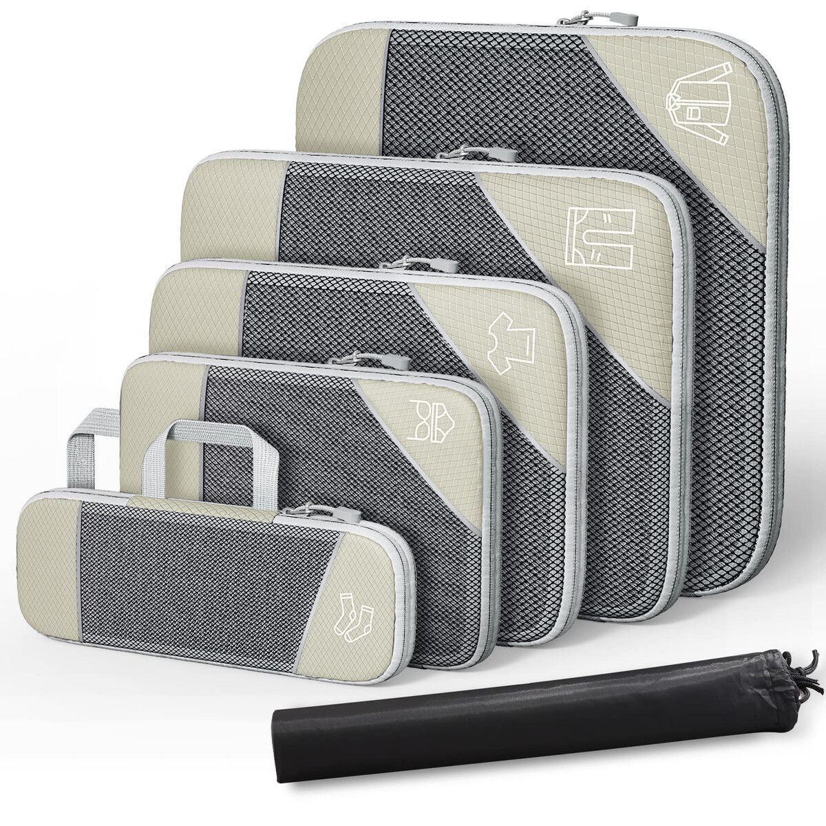 Compression Packing Cube for Suitcase, 6 Pcs Travel Luggage Organizer (Cream-Coloured)