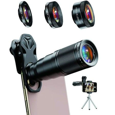 6 in 1 Phone Lens Kit - 22X Telephoto Lens,205° Fisheye Lens,120° Wide Angle Lens Compatible with Smartphone