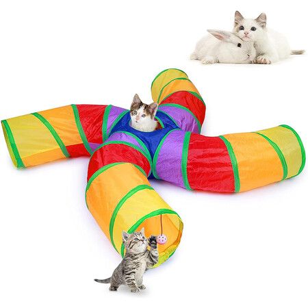 4-Way S-Shape Collapsible Tube with Interactive Ball and Storage Bag, Toys for Small Pets Cats Puppy Kitten Rabbits (Rainbow)