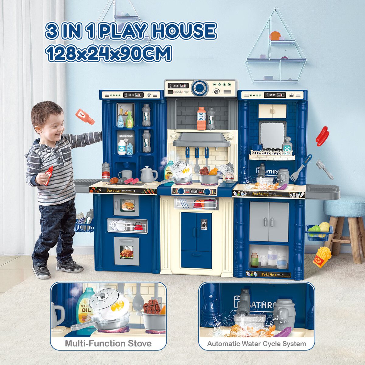 3 IN 1 Pretend Kitchen Play Role Cooking Toys Set Children Cookery Cookware Playset Plastic Accessories Kids Toddler Gift Blue