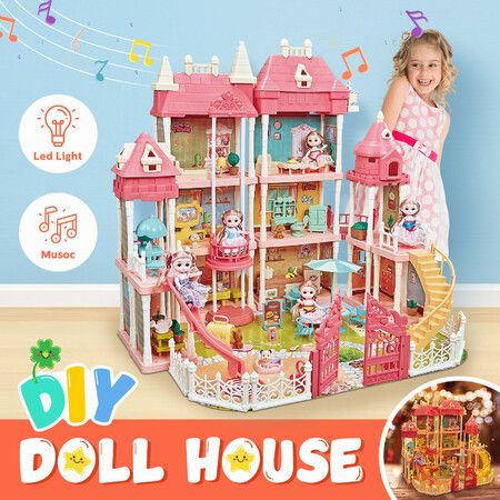 Doll House Barbie Dream Play Furniture Playhouses Toys Dollhouse Princess Castle Light Music DIY 12 Rooms 3 Stories 62cm