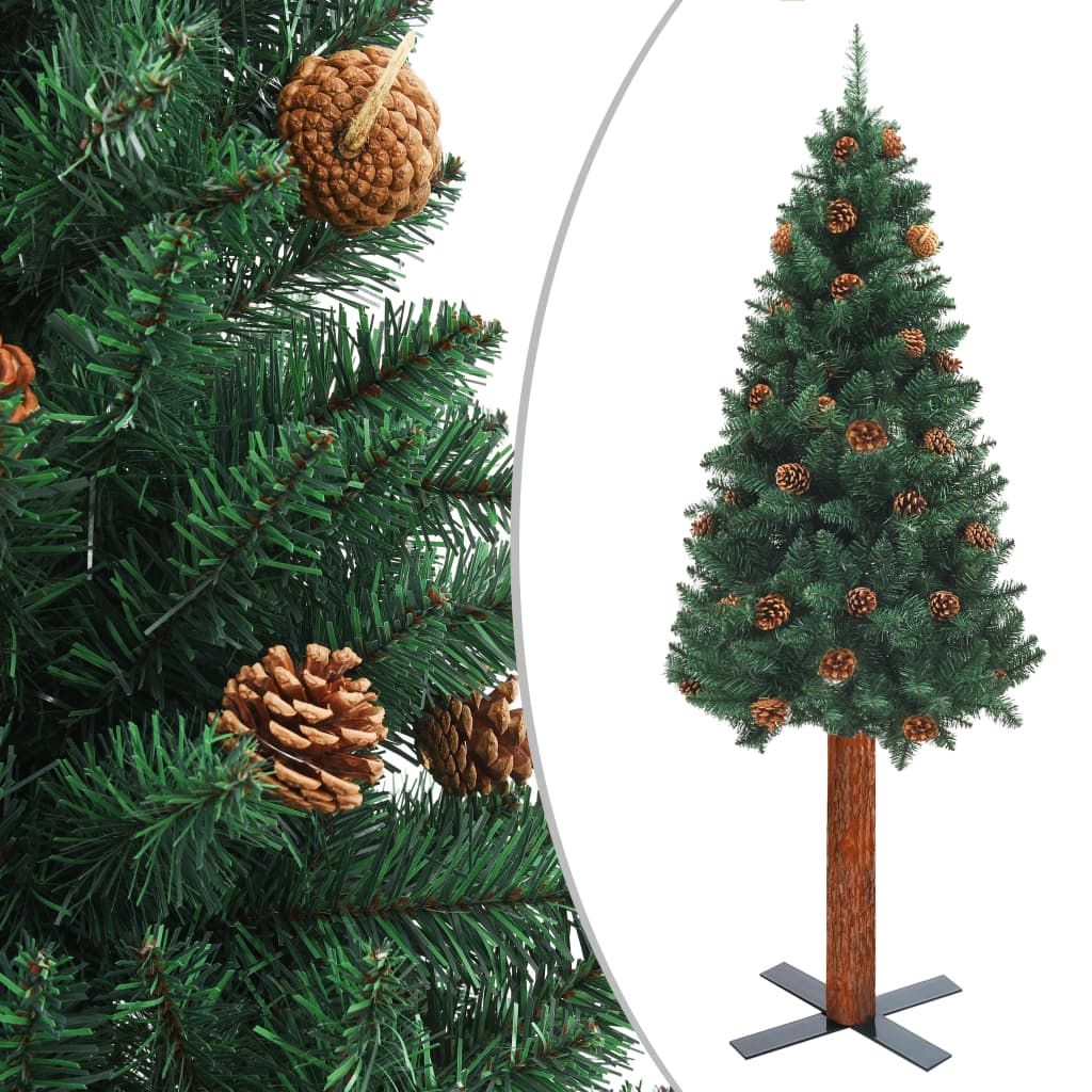 Slim Christmas Tree with Real Wood and Cones Green 180 cm PVC