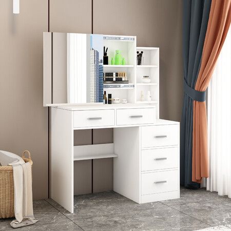 Dressing Table Vanity Mirror Dresser Makeup Desk With 3 Drawers 3 Storage Shelves Bedroom Furniture White Modern