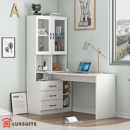 White Computer Desk Bookcase Office Study Writing Laptop Table Shelving Bookshelf Workstation with Drawers Shelves Cabinets