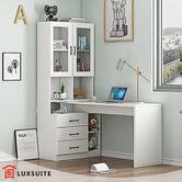 White Computer Desk Bookcase Office Study Writing Laptop Table Shelving Bookshelf Workstation with Drawers Shelves Cabinets