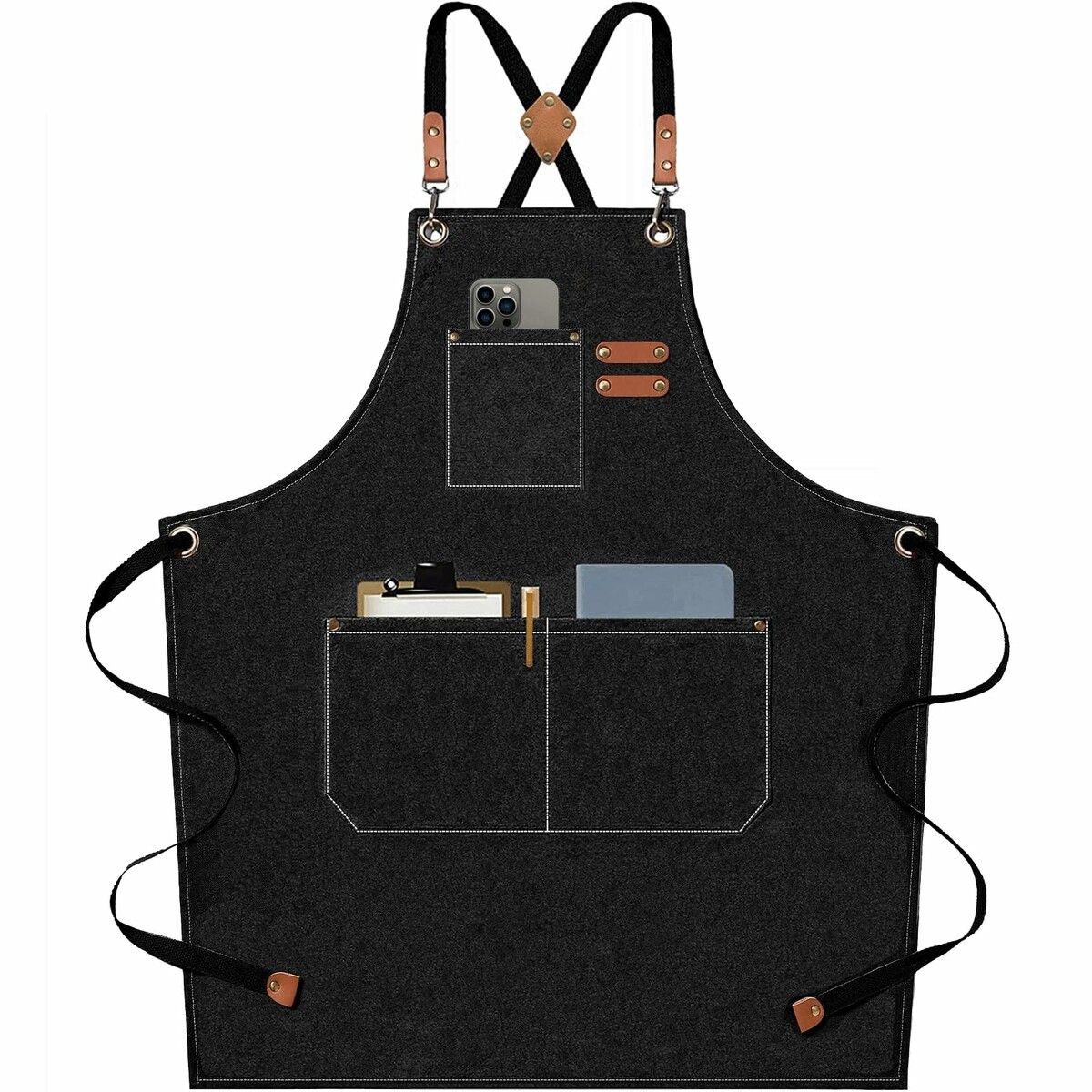 Waterproof Chef Aprons for Men Women with Large Pockets Cotton Canvas Cross Back Adjustable Work Apron Size M to XXL(Black)