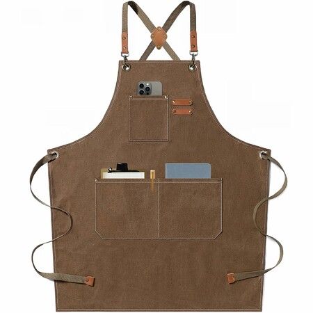 Waterproof Chef Aprons for Men Women with Large Pockets Cotton Canvas Cross Back Adjustable Work Apron Size M to XXL(Brown)