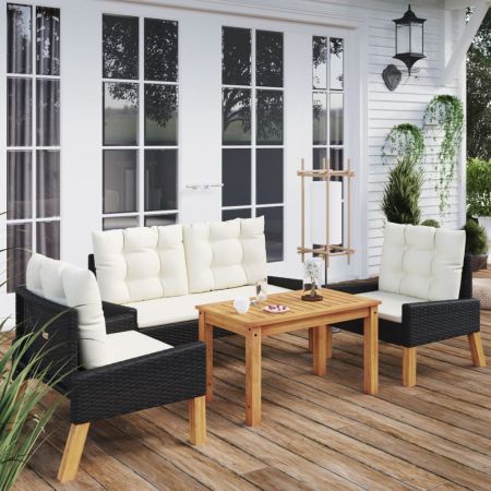 4 Piece Garden Lounge Set with Cushions Poly Rattan&Solid Wood