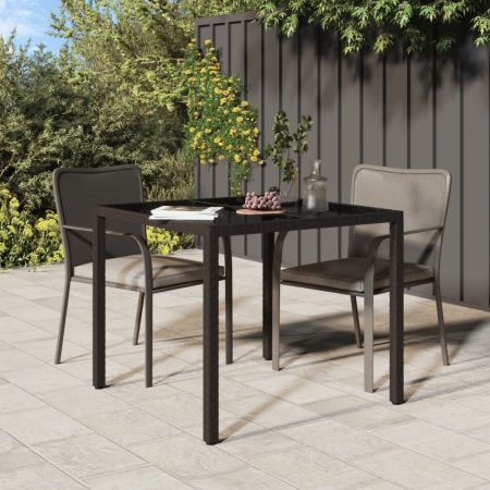 Garden Table 90x90x75 cm Tempered Glass and Poly Rattan Brown