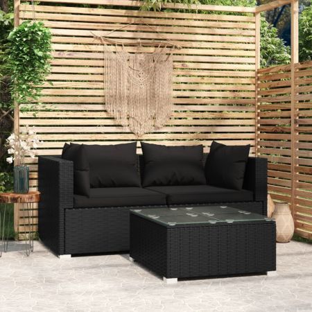 3 Piece Garden Lounge Set with Cushions Black Poly Rattan