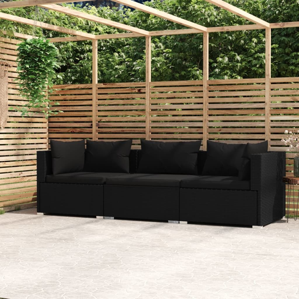 3-Seater Sofa with Cushions Black Poly Rattan