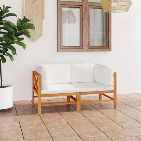 2-Seater Garden Sofa with Cream Cushions Solid Wood Teak