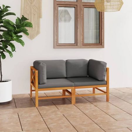 2-Seater Garden Sofa with Grey Cushions Solid Wood Teak