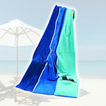 Classic Large Cotton Beach Towel With Zip Pocket Blue Stripes