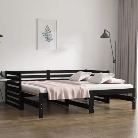 Pull-out Day Bed Black 2x(92x187) cm Solid Wood Pine