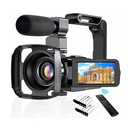 4K Video Camera Camcorder Ultra HD 56MP Vlogging Camera with Microphone, Handheld Stabilizer, 2 Batteries