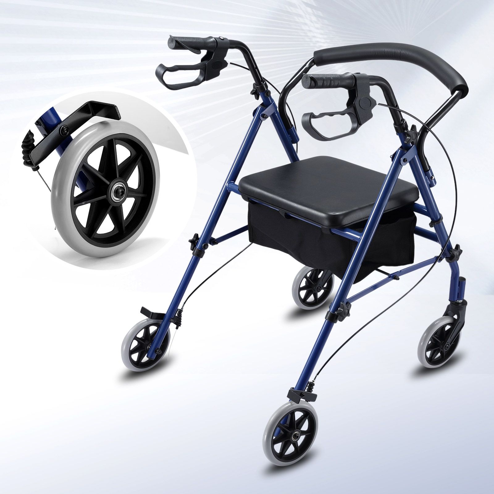 4 Wheel Rollator Walker with Seat for Seniors Lightweight Rolling Walking Trolley Folding Elderly Medical Steel Blue Auswheel