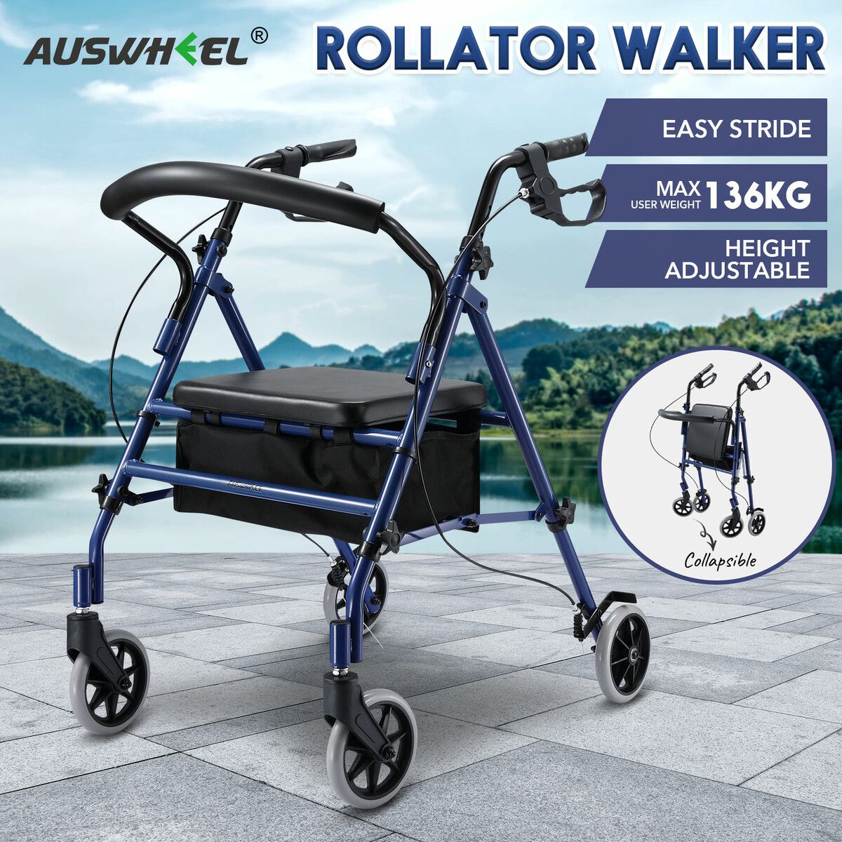 4 Wheel Rollator Walker with Seat for Seniors Lightweight Rolling Walking Trolley Folding Elderly Medical Steel Blue Auswheel