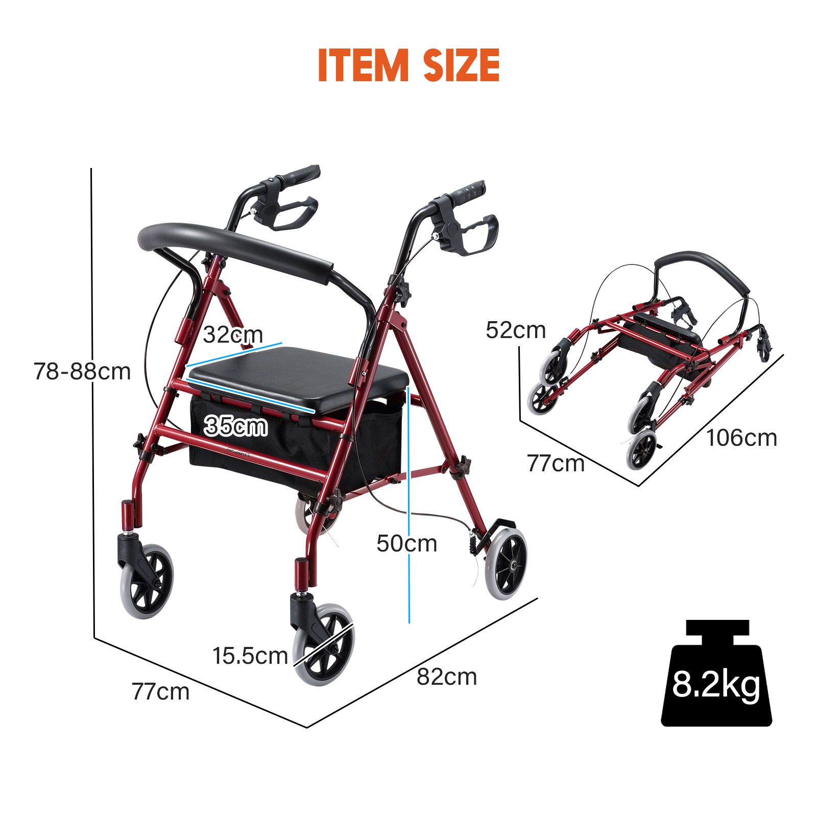 4 Wheel Rollator Walker with Seat Lightweight for Seniors Walking Rolling Trolley Folding Medical Elderly Steel Red Auswheel