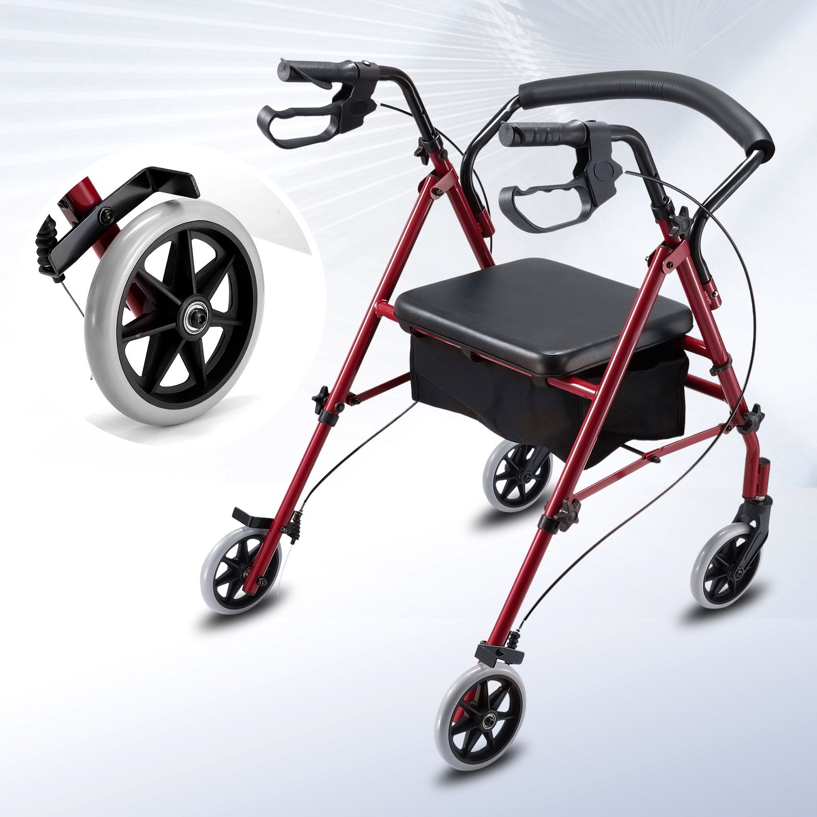 4 Wheel Rollator Walker with Seat Lightweight for Seniors Walking Rolling Trolley Folding Medical Elderly Steel Red Auswheel
