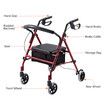 4 Wheel Rollator Walker with Seat Lightweight for Seniors Walking Rolling Trolley Folding Medical Elderly Steel Red Auswheel