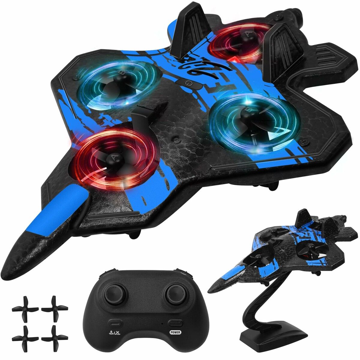 Remote Control Airplane for Beginners,2.4GHz V17 Jet Fighter Stunt RC Airplanes,ABS,3D Flip,Stunt Roll,Cool Light,2 Batteries,RC Planes for Kids Age3+,Blue