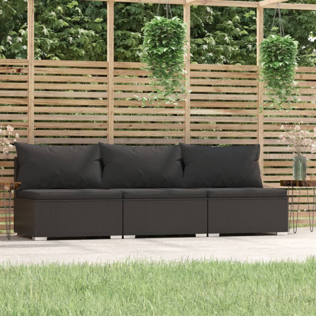 3-Seater Sofa with Cushions Black Poly Rattan