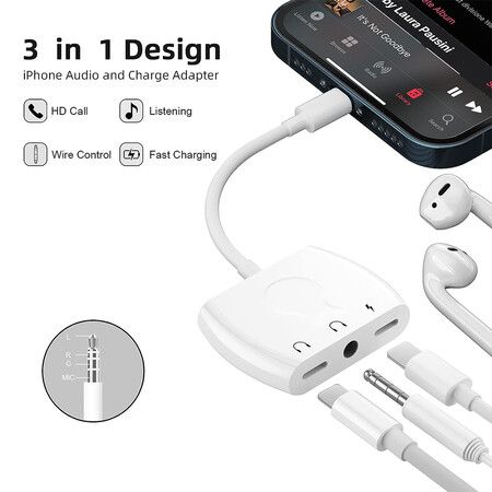 IPhone Lightning to 3.5mm Headphone Jack Audio Adapter for iPhone 13/12/SE/11/Xs/XR/X/8 7, Support iOS 15 (White)
