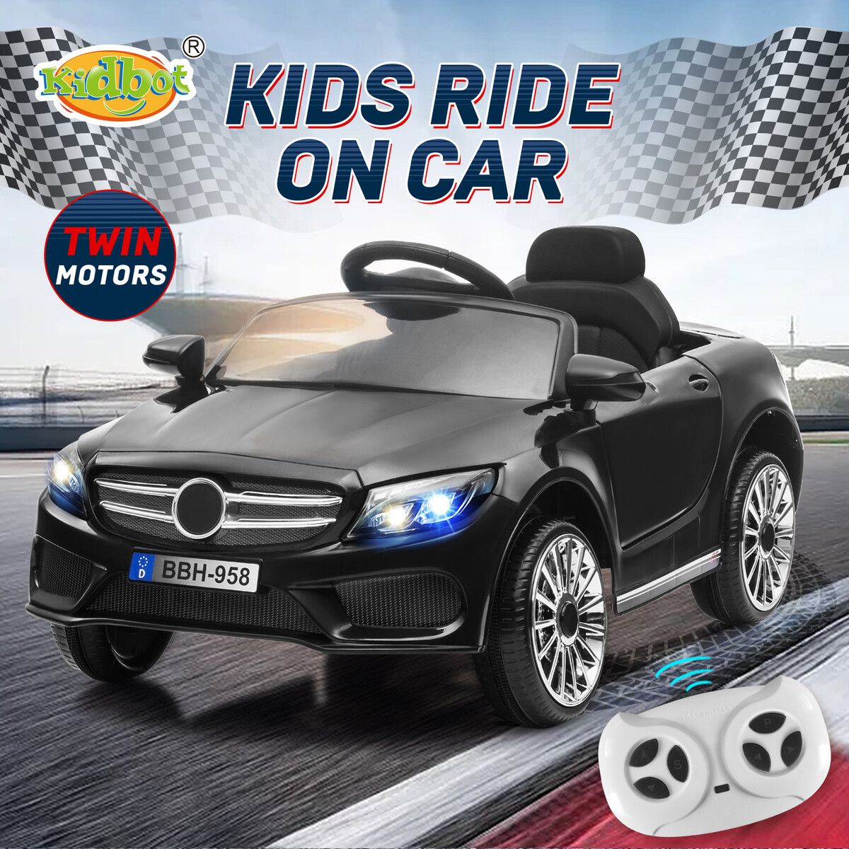 Kids Car Ride On Toy 12V Electric Parental Remote Control Battery Powered Pedal Childrens 4 Wheel Vehicle Motorised LED Seat Belt Music Black