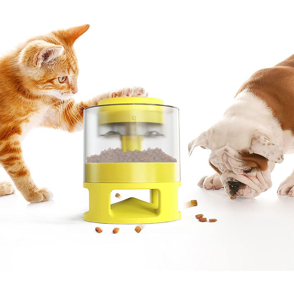 2 in 1 Automatic Cat Feeder, Pet Press Slow Food Leaker Food Dispenser,Yellow