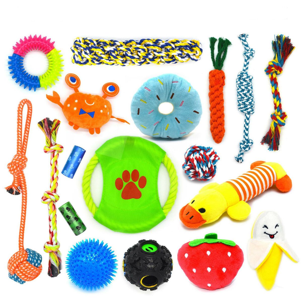 18 PCS Puppy Chew Toys for Fun and Teeth Cleaning Dog Squeak Toys Treat Dispenser Ball Tug of War Toys Puppy Teething Toys