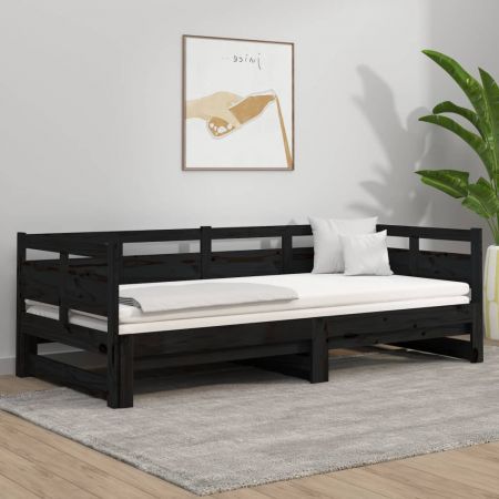 Pull-out Day Bed Black Solid Wood Pine 2x(92x187) cm