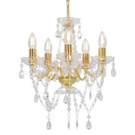 Chandelier with Crystal Beads Golden Round 5 x E14