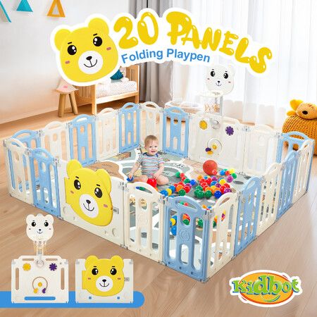 20 Panels Baby Playpen Playground Gate Indoor Outdoor Activity Centre Foldable Adventure Safety Fence Pen Yard Bear Design