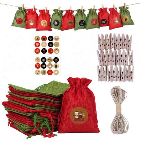 24PCS 10*14CM Christmas Advent Calendar Sack Gift Bags For Christmas Countdown Christmas Advent Calendar Bags Set