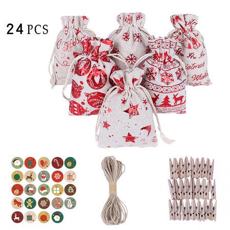 24Pcs/Set Cotton Linen Storage Bag Merry Christmas New Year Birthday Wedding Gift Bag Decor With Lanyard Clip