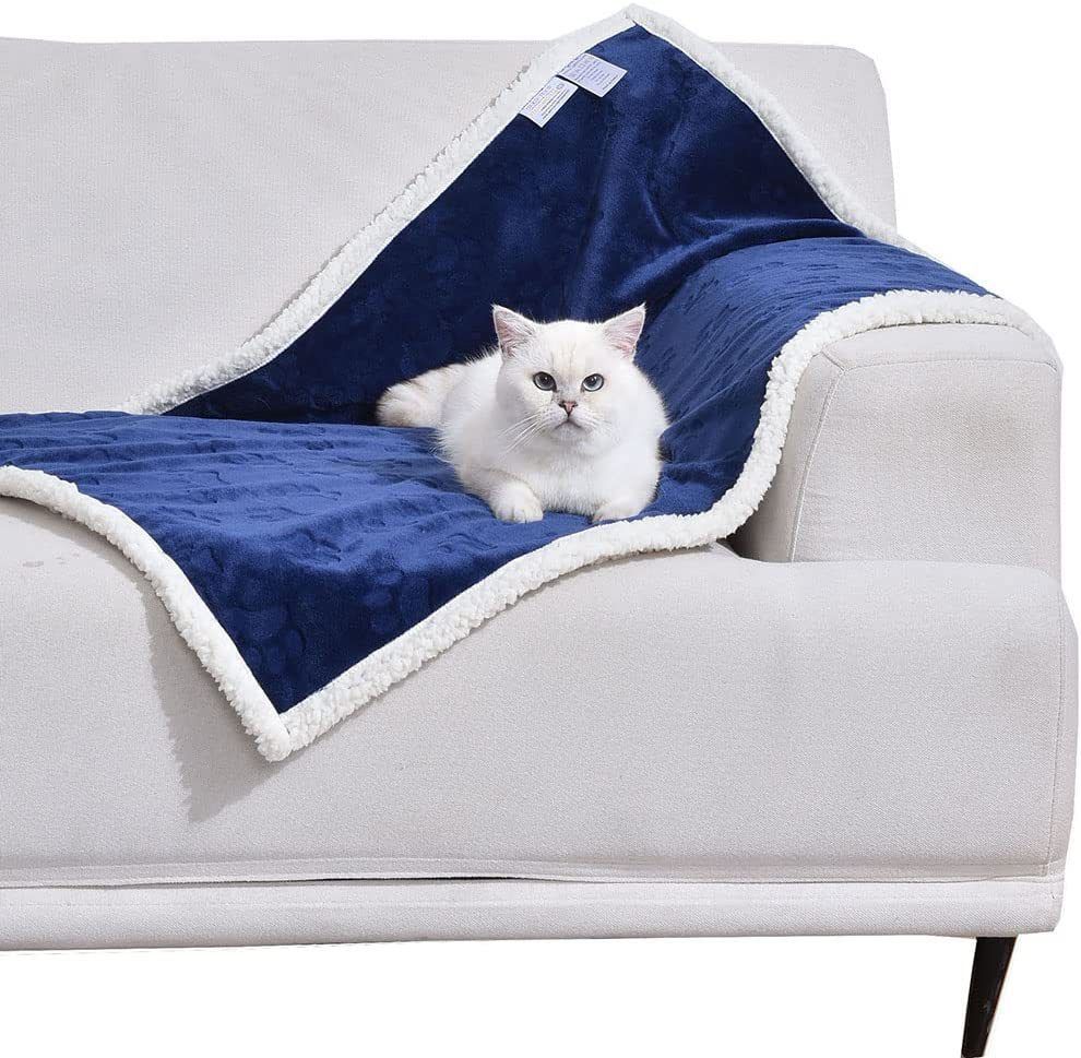 Dog Blankets Waterproof for Small Dogs Cat Blanket Washable Soft Plush Reversible Protector for Bed Couch Car Sofa(50*70cm-Navy Blue)