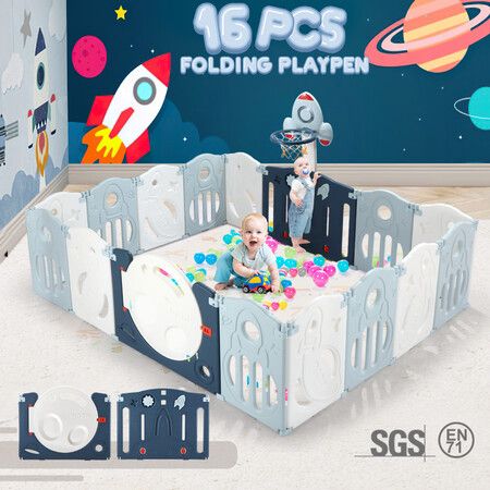 16 Panels Baby Playpen Gate Indoor Outdoor Adventure Playground Activity Centre Safety Yard Foldable Fence Pen Airship Design