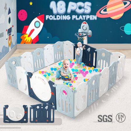18 Panels Baby Playpen Gate Indoor Outdoor Playground Adventure Activity Centre Foldable Safety Fence Yard Pen Airship Design